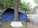 homeless tent denver w lawn mower.JPG